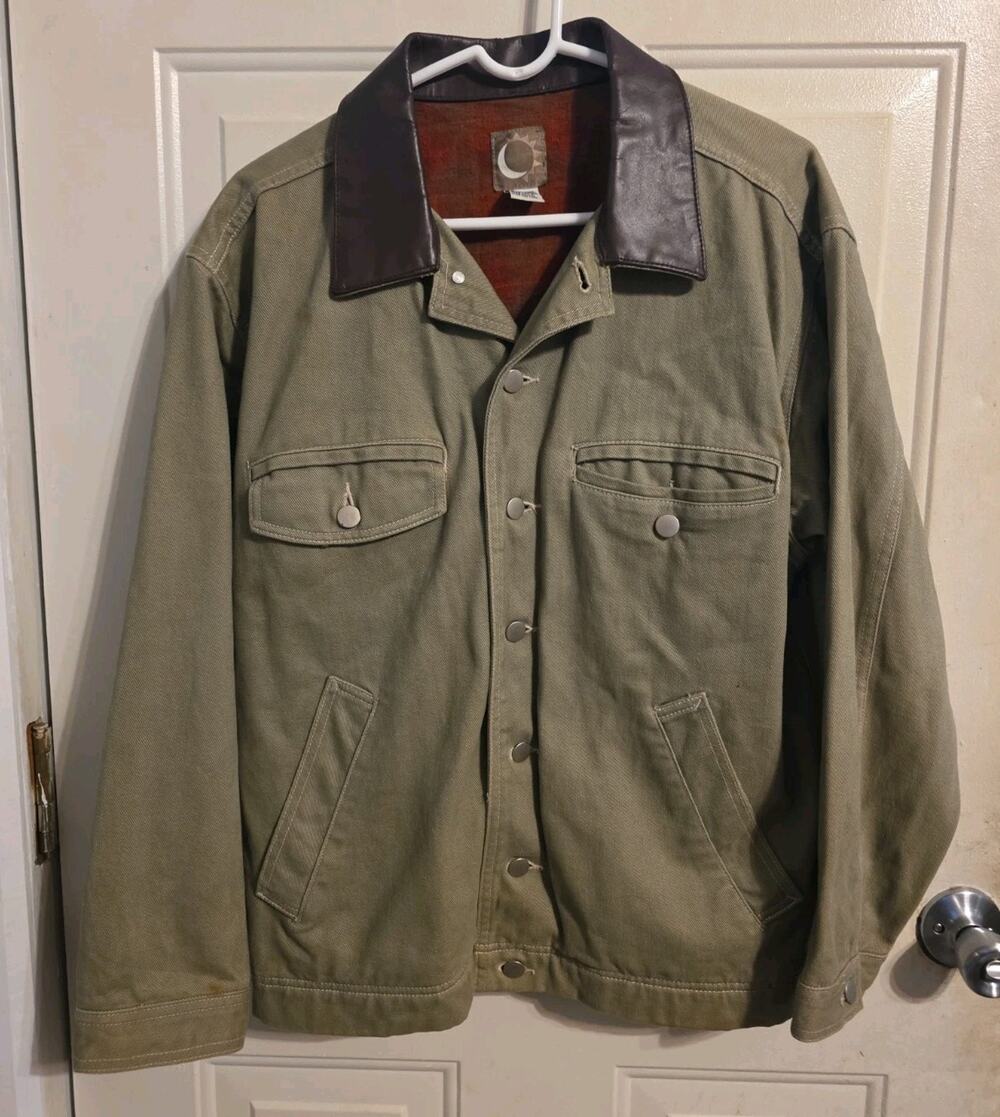 VTG 90s Marlboro Mens XL Flannel Lined Leather Collar Trucker Jacket Gray READ